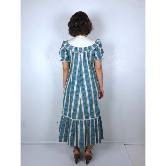 vintage 70s Blue STRIPED MuuMuu Maxi DRESS xs/s cottage core ruffles Hawaii boho - Picture 10 of 10